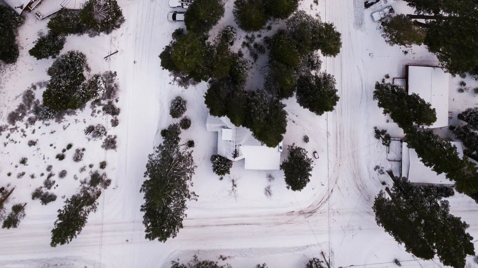 Aerial view of homes and streets among snow-covered trees