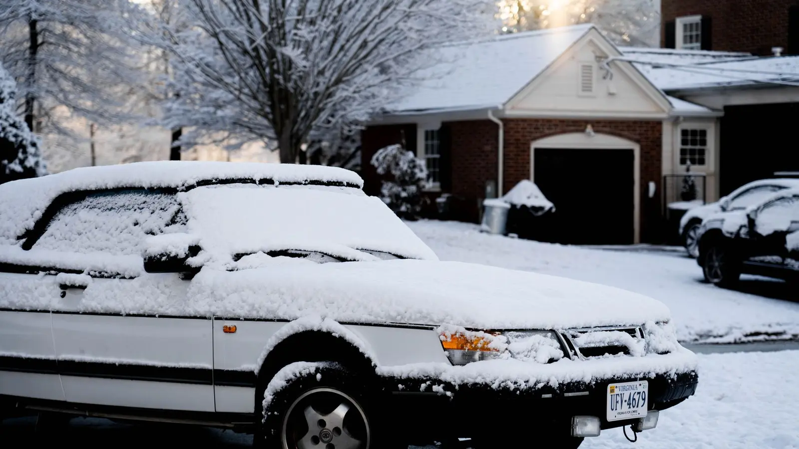 Snow-covered car parked in a residential driveway