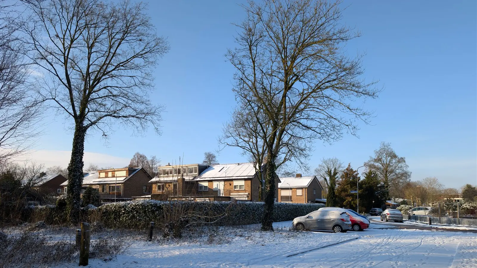 Quiet suburban street covered in snow under a clear blue sky